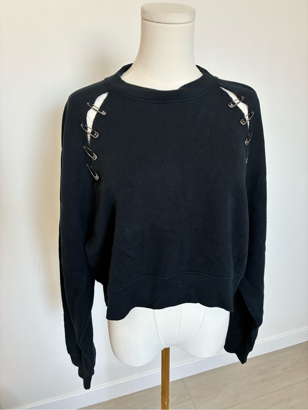 The Kooples Sport Black Crewneck Sweatshirt with Safety Pin Shoulder Detail - Picture 6 of 6